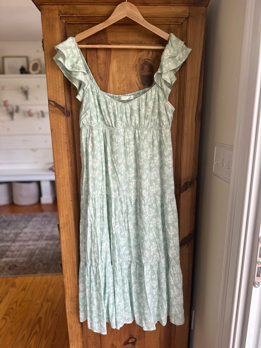 Altar’d State Green Floral Ruffle Strap Midi Dress Medium